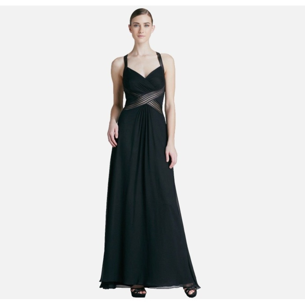 Aidan Mattox Silk Cross Waist Gown Chiffon Sleeveless V-Neck Black Size 4‎